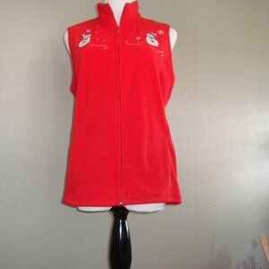 Holiday Editions Red Fleece Zip Front Vest Snowman Embroidered Design Pockets S